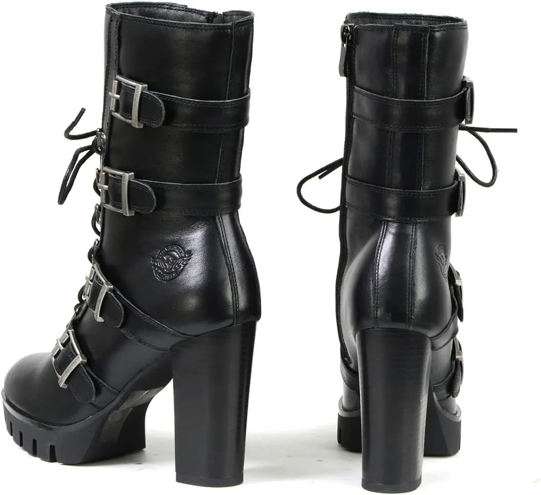 Milwaukee Leather MBL9459 Women's Premium Black Leather Buckles Platform Fashion Boots with Lace-Up Closure - 8