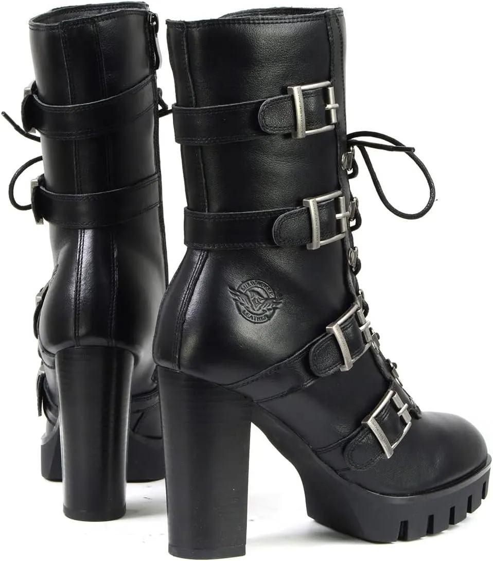 Milwaukee Leather MBL9459 Women's Premium Black Leather Buckles Platform Fashion Boots with Lace-Up Closure - 8