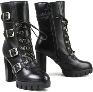 Milwaukee Leather MBL9459 Women's Premium Black Leather Buckles Platform Fashion Boots with Lace-Up Closure - 8