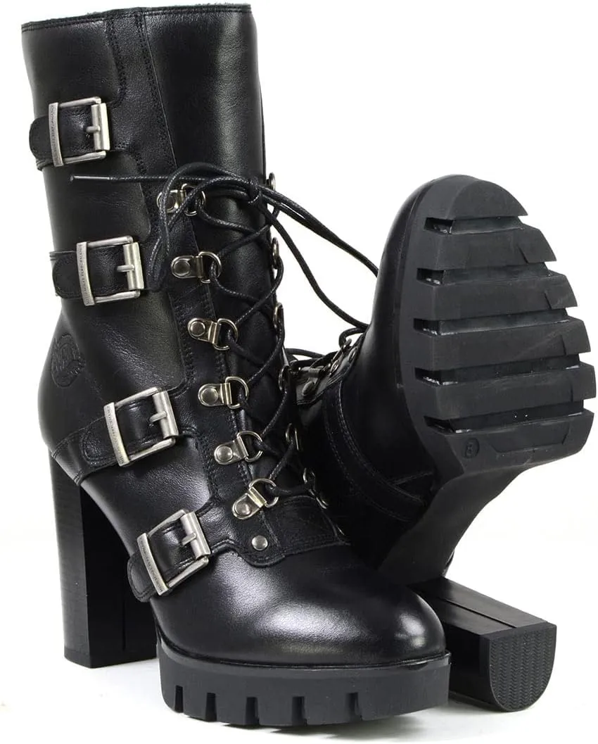 Milwaukee Leather MBL9459 Women's Premium Black Leather Buckles Platform Fashion Boots with Lace-Up Closure - 8