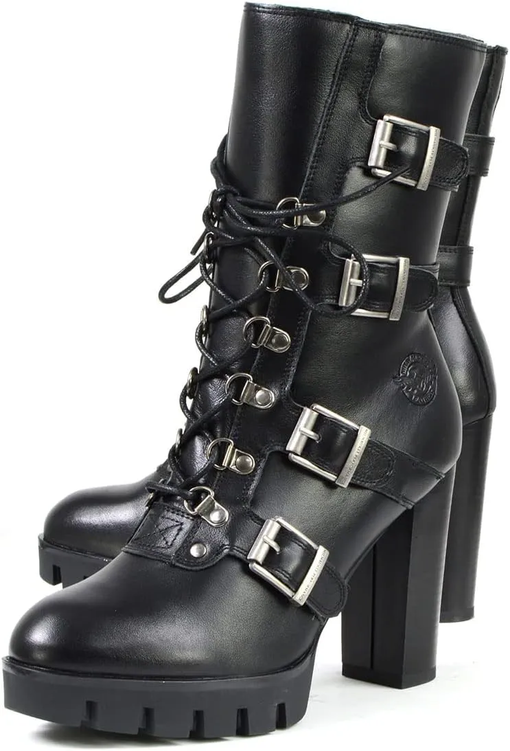 Milwaukee Leather MBL9459 Women's Premium Black Leather Buckles Platform Fashion Boots with Lace-Up Closure - 8