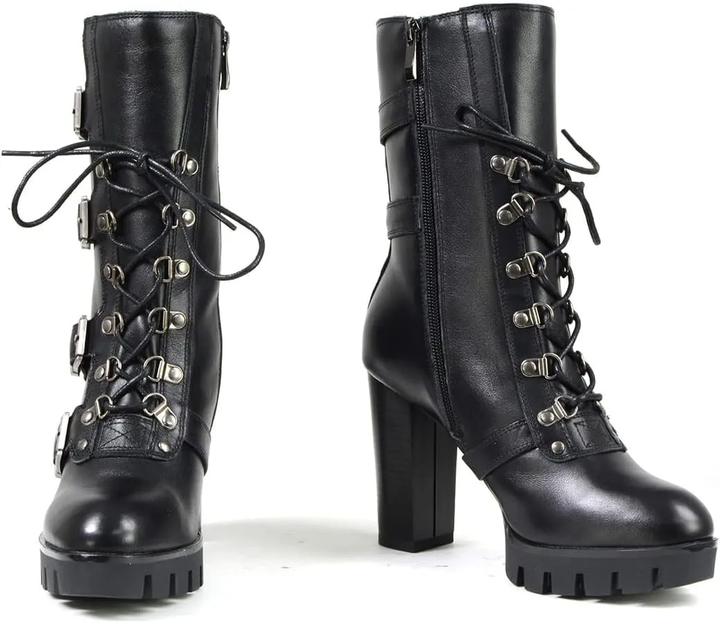 Milwaukee Leather MBL9459 Women's Premium Black Leather Buckles Platform Fashion Boots with Lace-Up Closure - 8