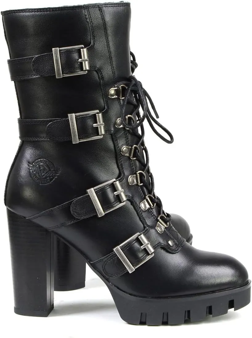 Milwaukee Leather MBL9459 Women's Premium Black Leather Buckles Platform Fashion Boots with Lace-Up Closure - 8