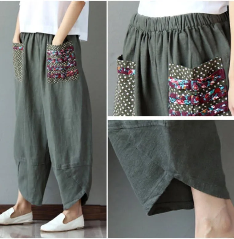 Minibee Women's Baggy Linen Wide Leg Trousers Casual Patchwork Elastic Waist Harem Pants
