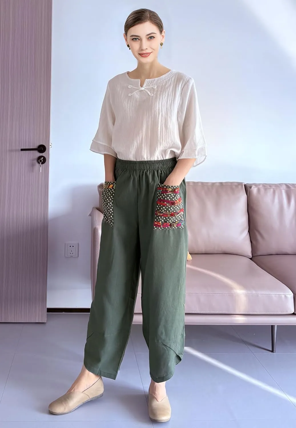Minibee Women's Baggy Linen Wide Leg Trousers Casual Patchwork Elastic Waist Harem Pants