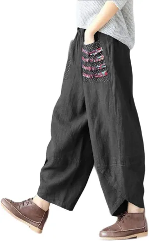 Minibee Women's Baggy Linen Wide Leg Trousers Casual Patchwork Elastic Waist Harem Pants