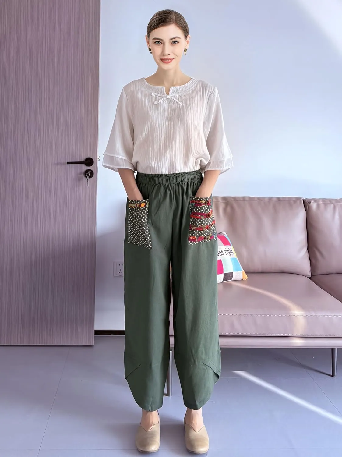 Minibee Women's Baggy Linen Wide Leg Trousers Casual Patchwork Elastic Waist Harem Pants