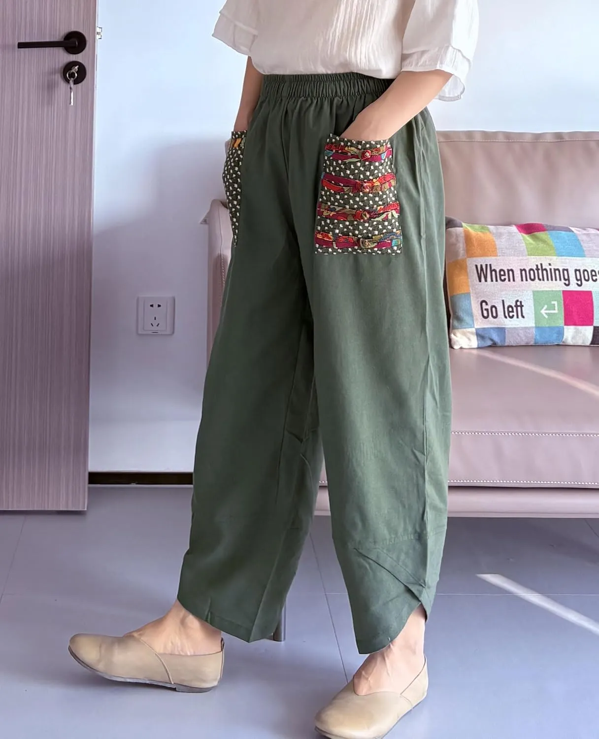 Minibee Women's Baggy Linen Wide Leg Trousers Casual Patchwork Elastic Waist Harem Pants