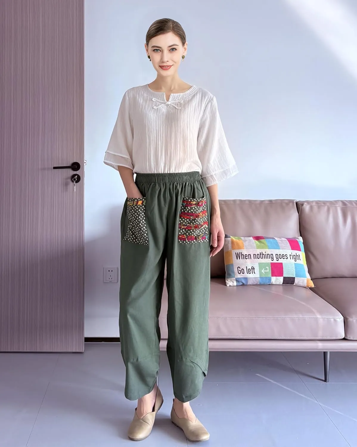Minibee Women's Baggy Linen Wide Leg Trousers Casual Patchwork Elastic Waist Harem Pants