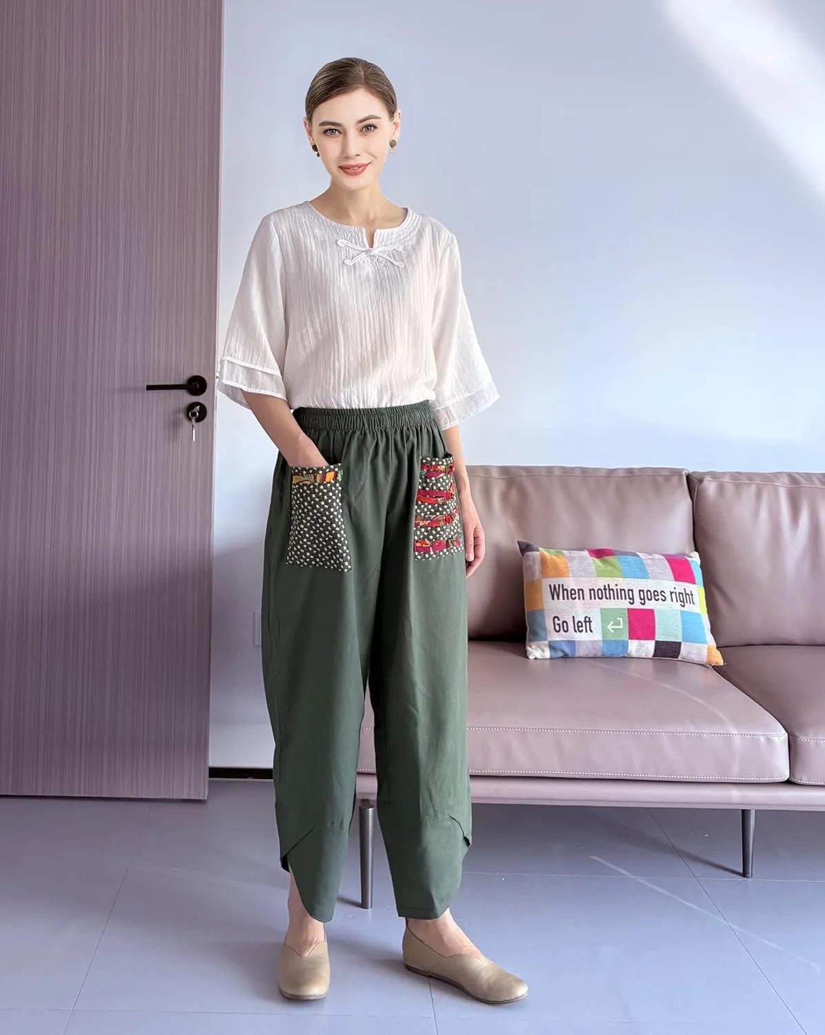 Minibee Women's Baggy Linen Wide Leg Trousers Casual Patchwork Elastic Waist Harem Pants