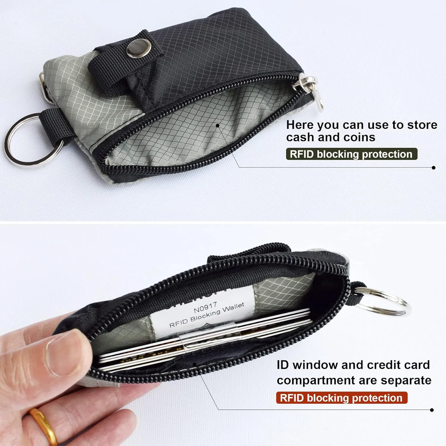 Minimalist RFID Blocking Small Wallet with ID Window,WaterResistant Zip Id Case Wallet with Lanyard Keychain for Cards,Cash,Travel,Women,Men (GreenOnion DarkGreen)