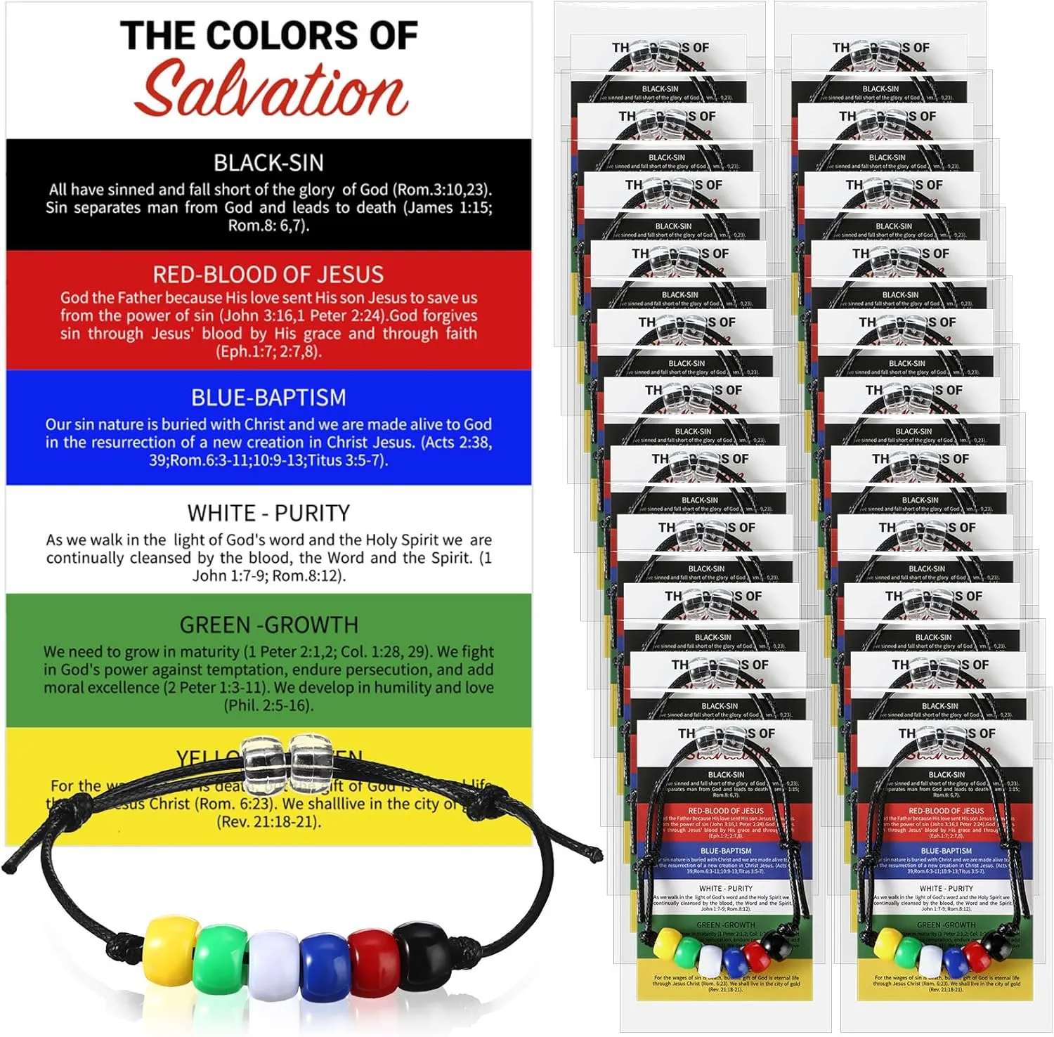 Misdary 300 Pcs Plan of Salvation Bracelets Sets with Prayer Pocket Cards for Teaching Kit, 100 Bead Bracelet 100 Bulk Plan of Salvation Cards with 100 Bags