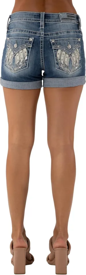 Miss Me Women's Dara Wing Embellished Faux Flap Pockets Mid-Rise Cuffed Shorts