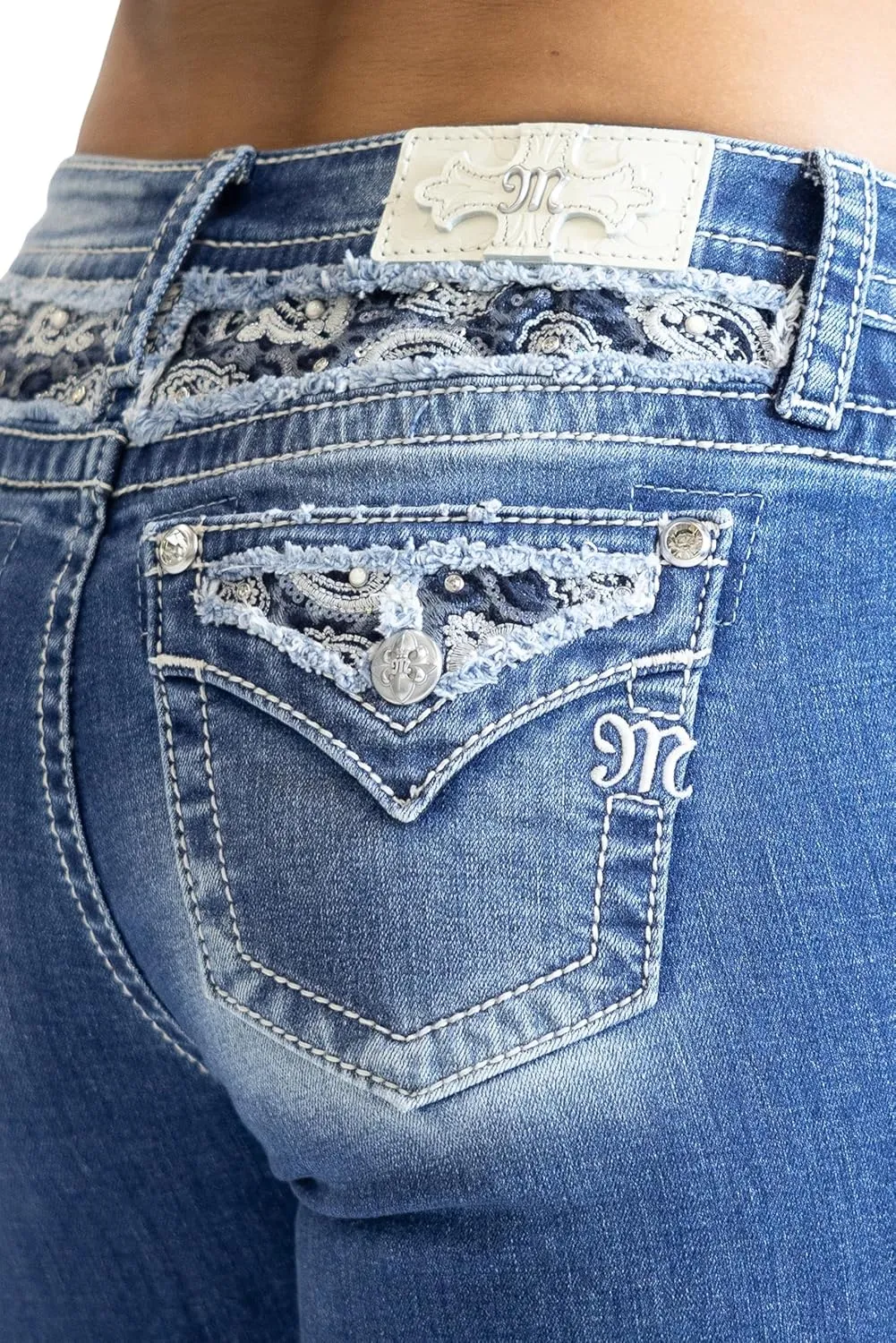 Miss Me Women's Pretty in Paisley Faux Flap Pocket Mid-Rise Bootcut Jeans