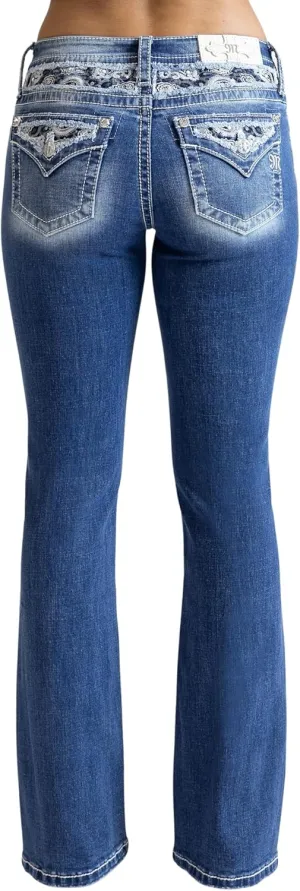Miss Me Women's Pretty in Paisley Faux Flap Pocket Mid-Rise Bootcut Jeans