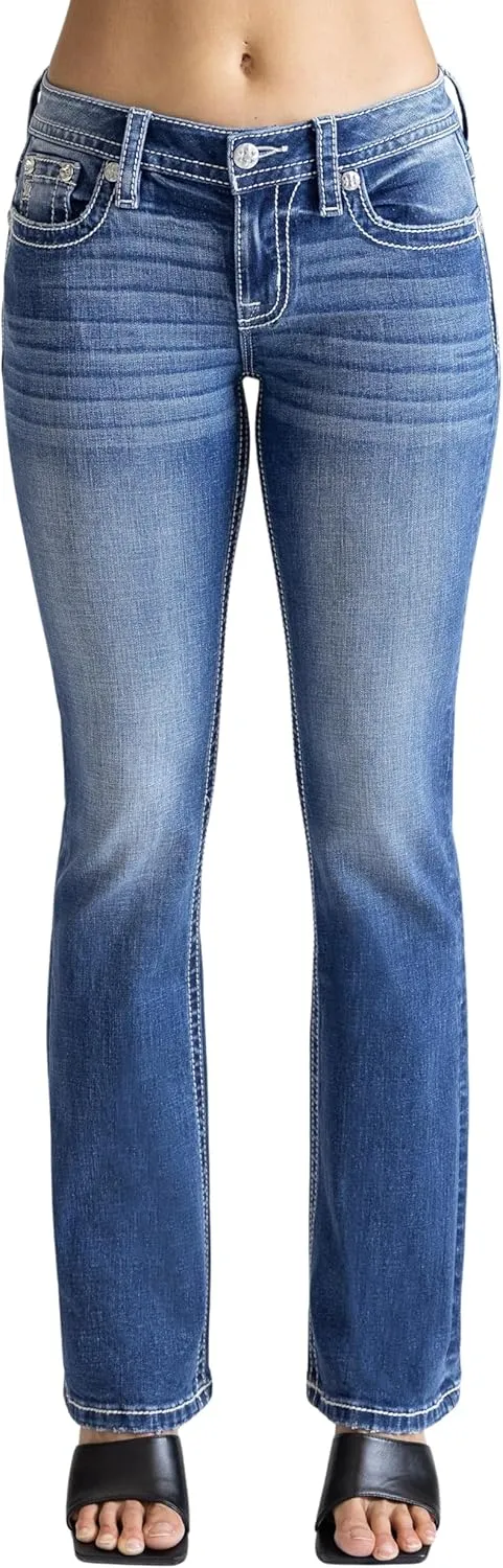 Miss Me Women's Pretty in Paisley Faux Flap Pocket Mid-Rise Bootcut Jeans