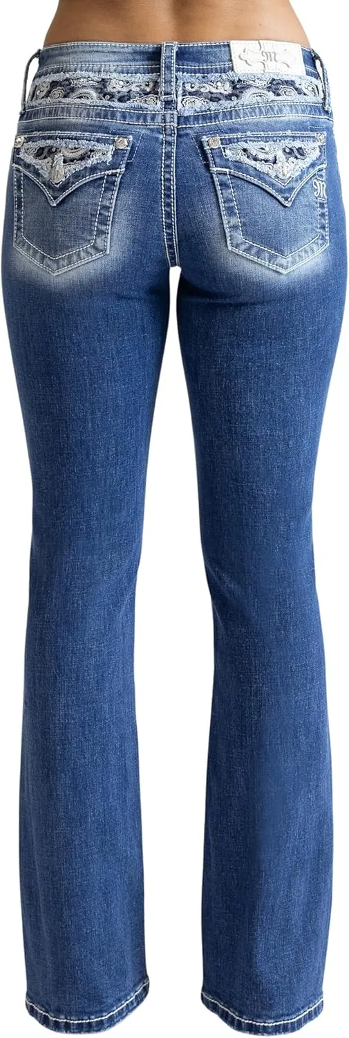 Miss Me Women's Pretty in Paisley Faux Flap Pocket Mid-Rise Bootcut Jeans
