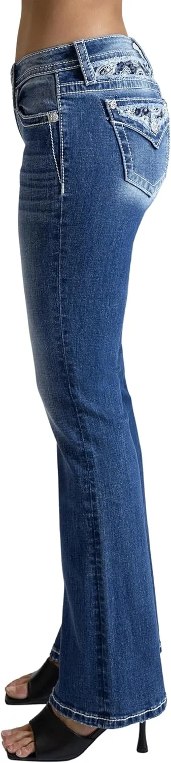 Miss Me Women's Pretty in Paisley Faux Flap Pocket Mid-Rise Bootcut Jeans