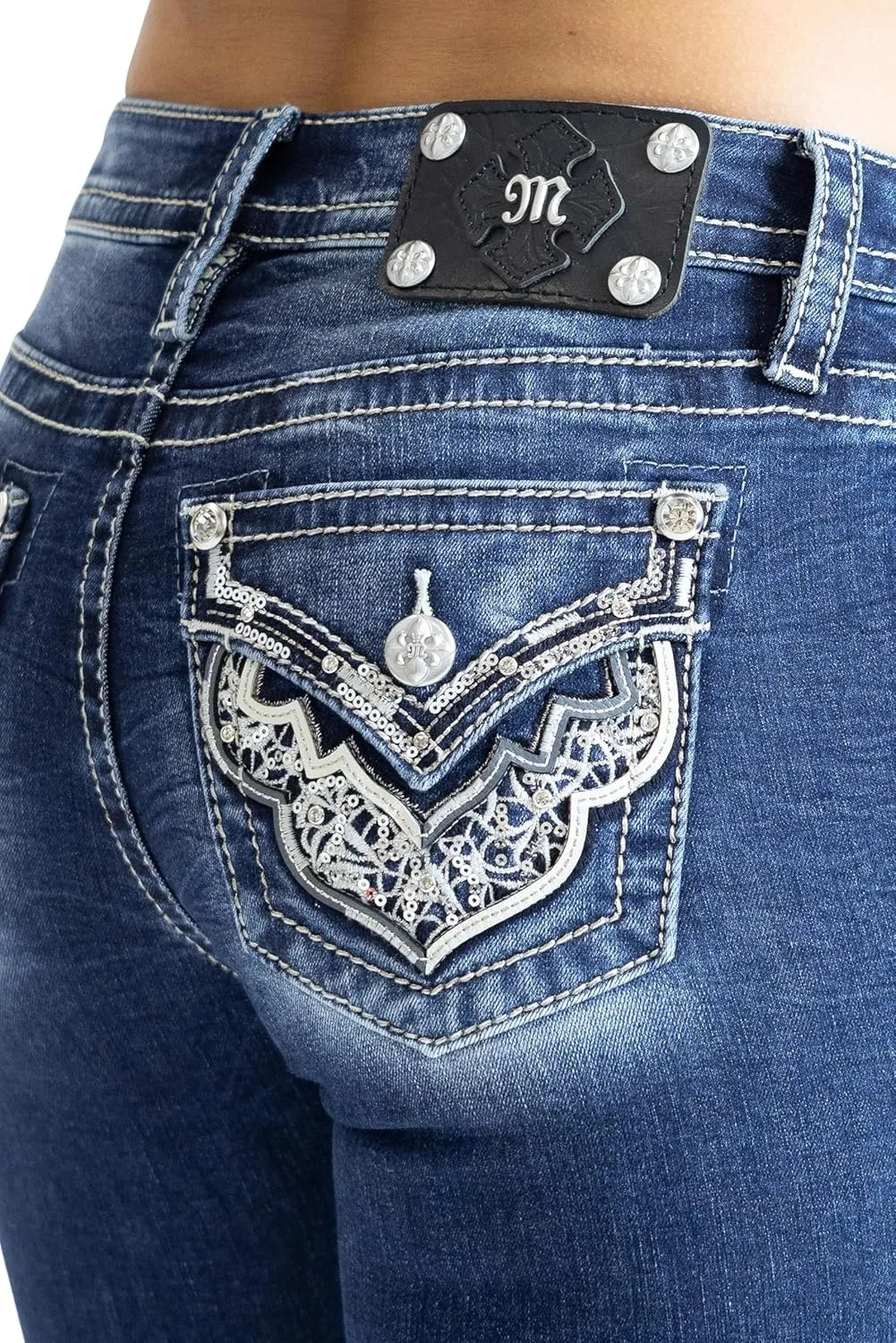 Miss Me Women's Western Stampede Faux Flap Pocket Mid-Rise Bootcut Jeans