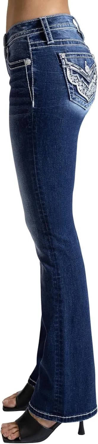 Miss Me Women's Western Stampede Faux Flap Pocket Mid-Rise Bootcut Jeans
