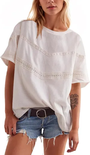 MISSACTIVER Women Oversized Tee Shirt Lace Patchwork Short Sleeve T-Shirt Loose Crew Neck Cotton Summer Tops Streetwear