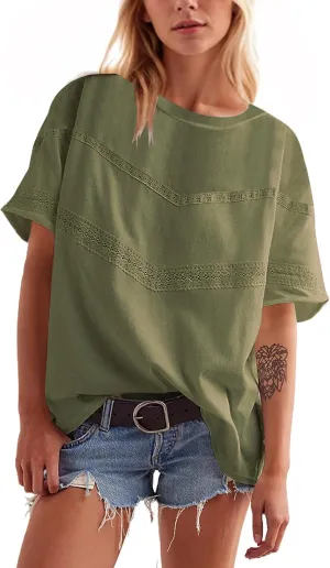 MISSACTIVER Women Oversized Tee Shirt Lace Patchwork Short Sleeve T-Shirt Loose Crew Neck Cotton Summer Tops Streetwear