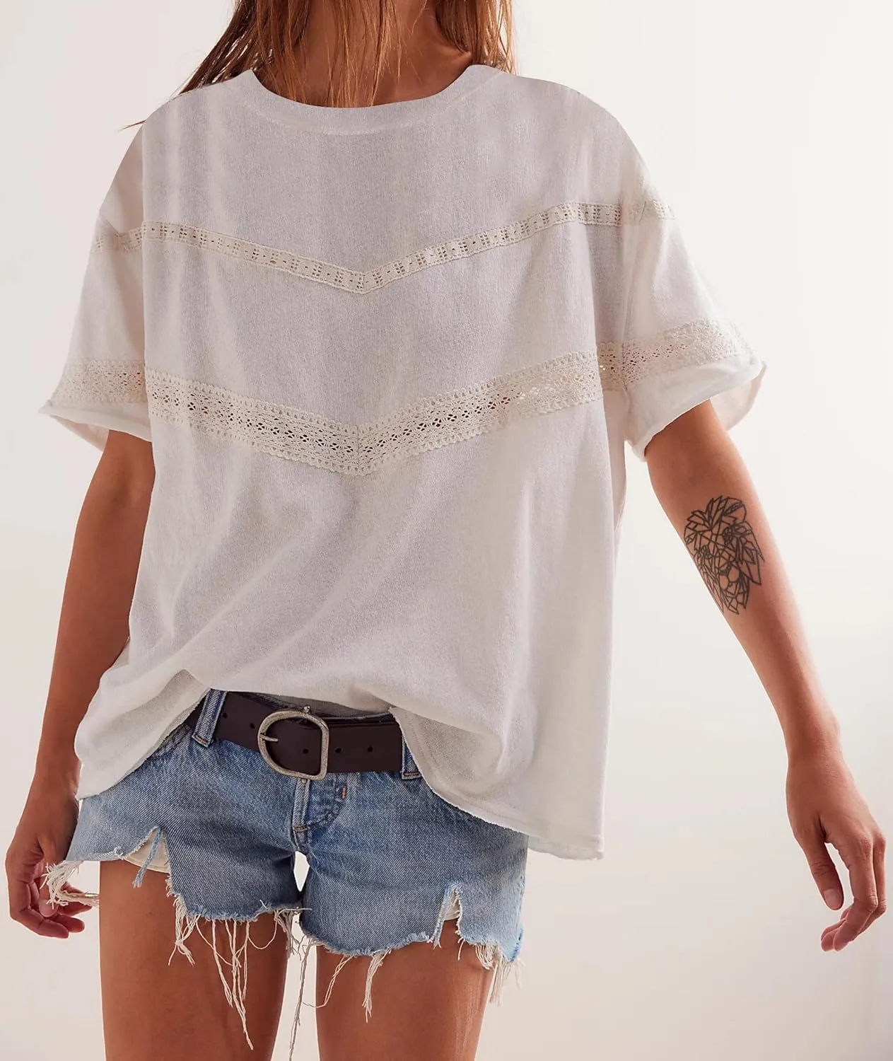 MISSACTIVER Women Oversized Tee Shirt Lace Patchwork Short Sleeve T-Shirt Loose Crew Neck Cotton Summer Tops Streetwear