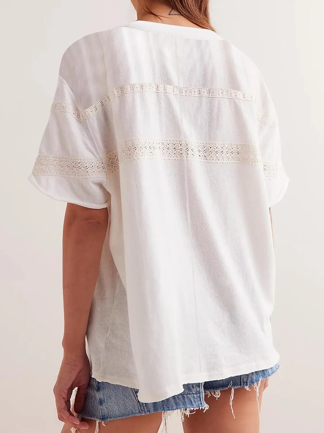MISSACTIVER Women Oversized Tee Shirt Lace Patchwork Short Sleeve T-Shirt Loose Crew Neck Cotton Summer Tops Streetwear