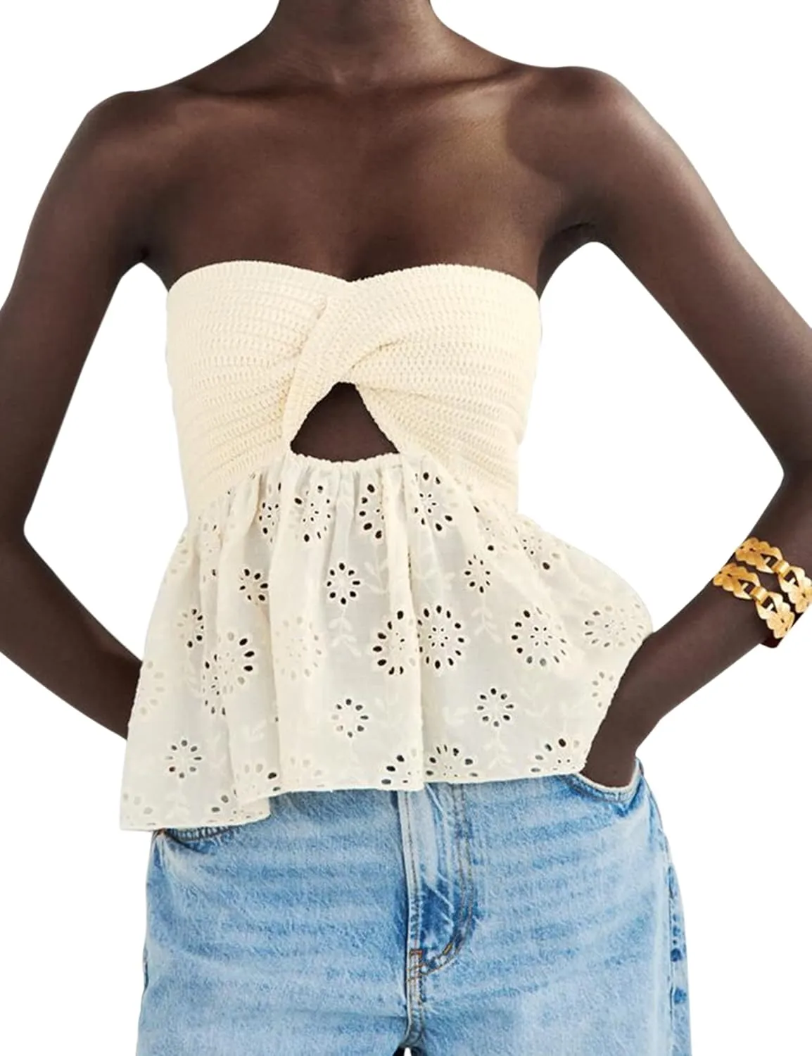 MISSACTIVER Women Twist Knot Knit Bandeau Tube Top Embroidery Strapless Off Shoulder Backless Hollow Crop Tank Corset Top