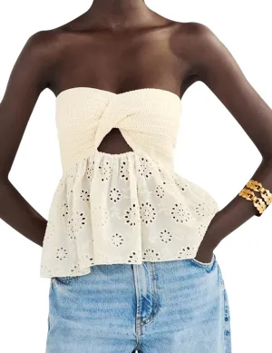 MISSACTIVER Women Twist Knot Knit Bandeau Tube Top Embroidery Strapless Off Shoulder Backless Hollow Crop Tank Corset Top
