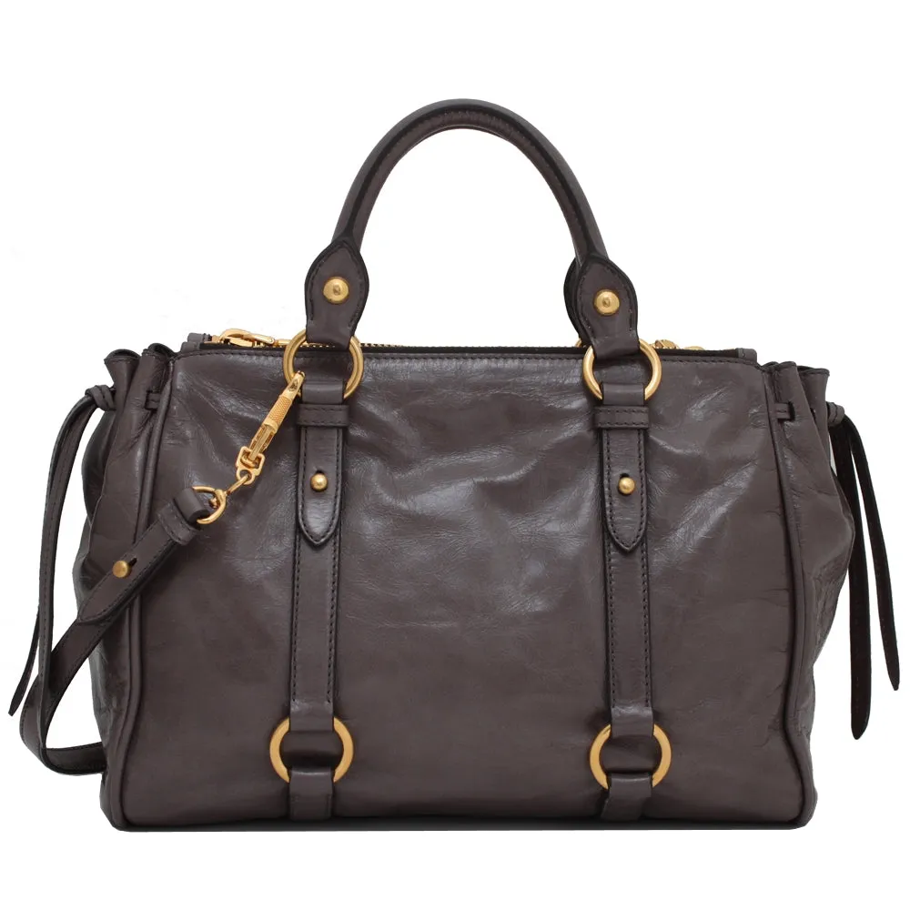 Miu Miu RN0893 Vitello Shine Leather Convertible Shopping Tote Bag- Fumo