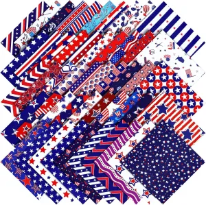 Mixweer 50 Pcs 10 x 10 Inch Patriotic Fabric Bundles 4th of July Independence Day Memorial Day Fabric Print Squares for Sewing DIY Crafts Patchwork Decoration, 50 Styles