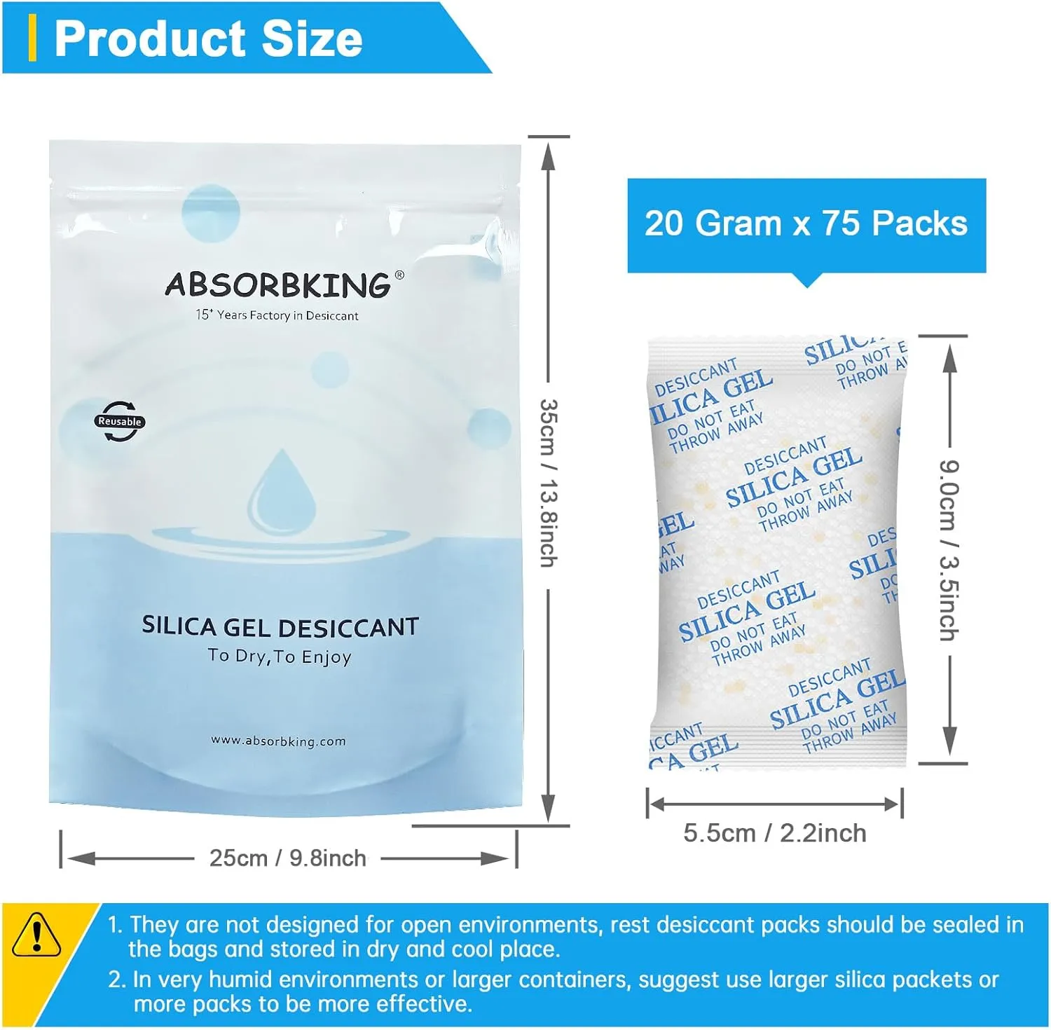 Moisture Absorbers, 20G 75 Pack Premium Transparent Desiccant for Storage, Silica Gel Desiccant Packets (20G, 75)