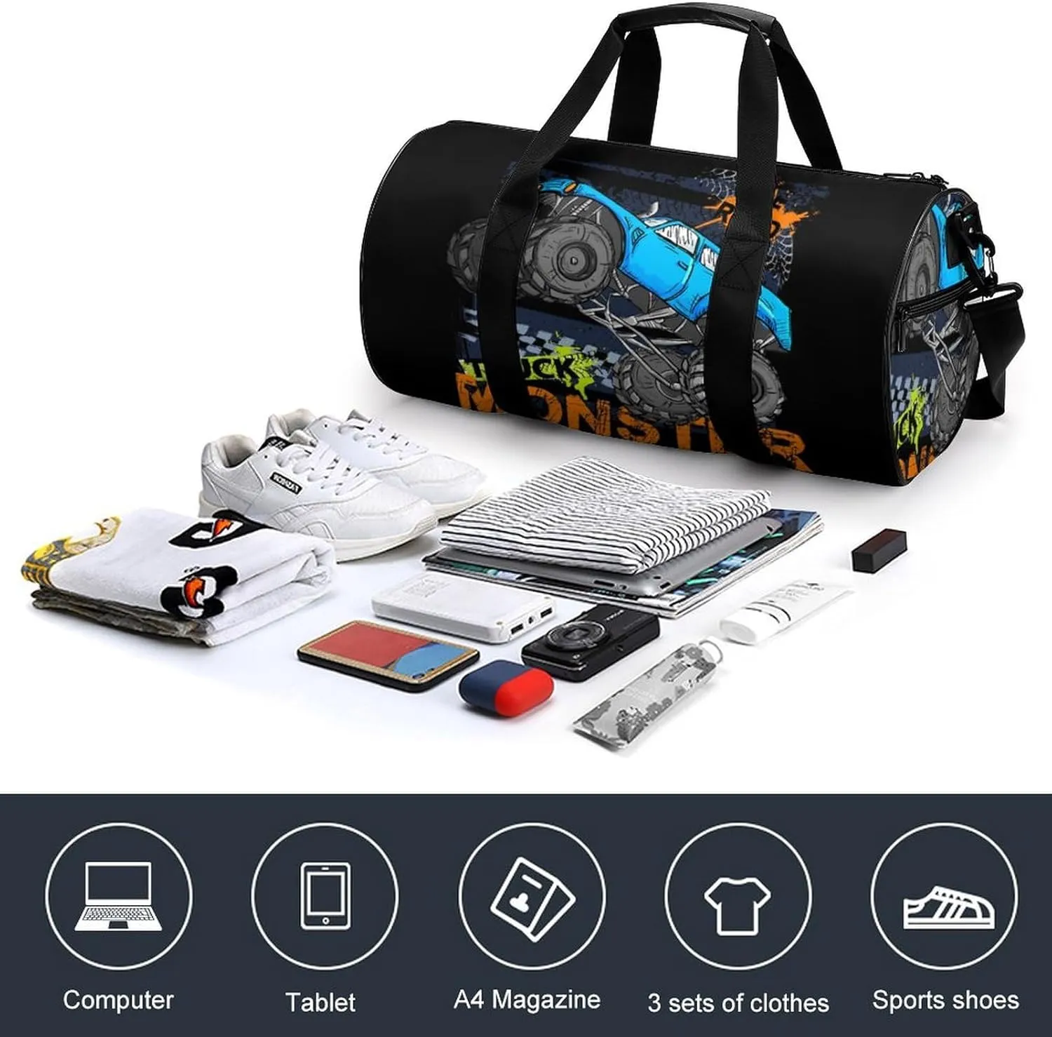 Monster Truck Cars Duffelbag Zipper Tote Bag Lightweight Duffelbag Picnic Bags Easy Carry Satchels Durable Handbag Sports Duffel Bags 17.7in/9in/9in