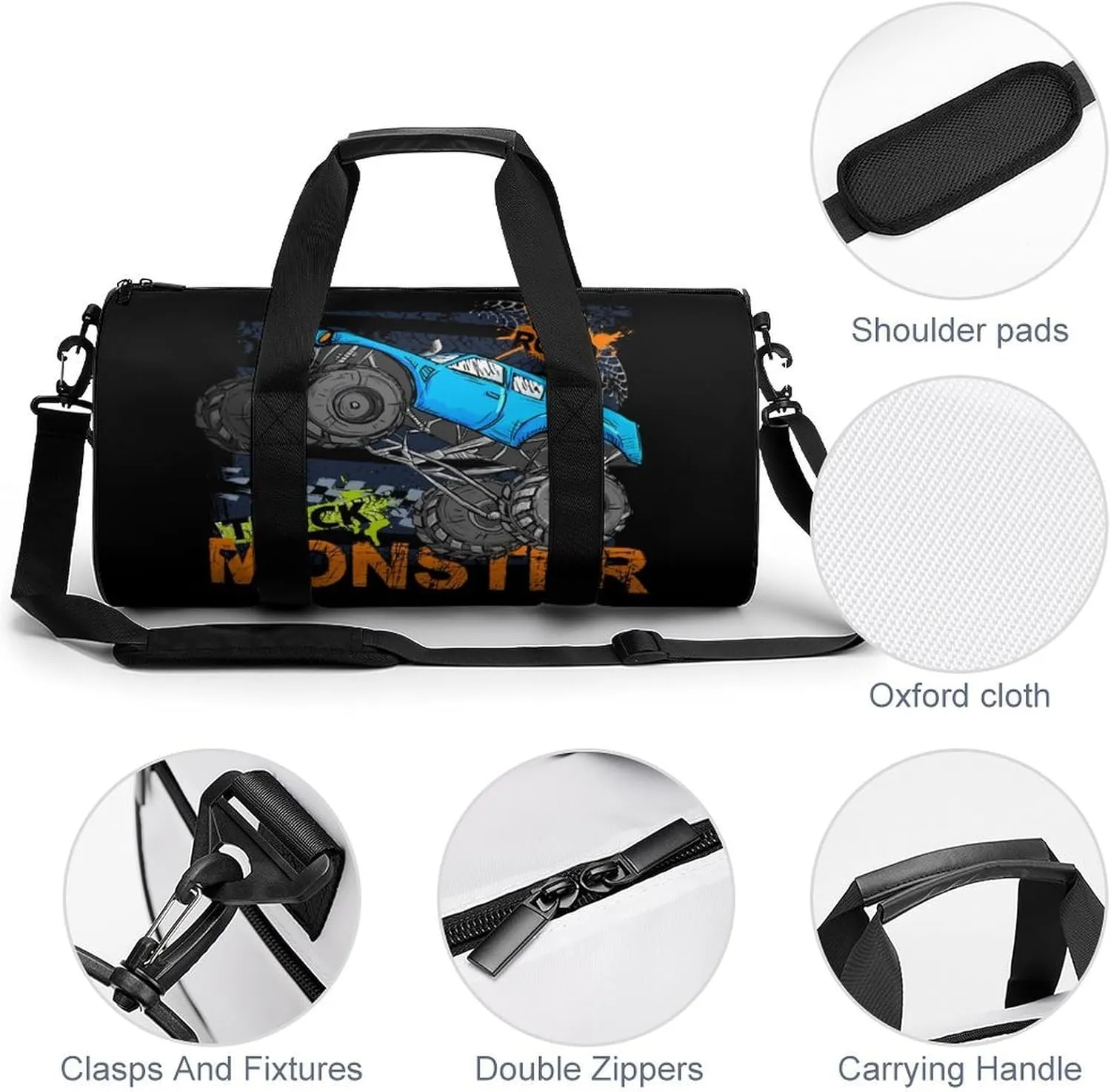 Monster Truck Cars Duffelbag Zipper Tote Bag Lightweight Duffelbag Picnic Bags Easy Carry Satchels Durable Handbag Sports Duffel Bags 17.7in/9in/9in