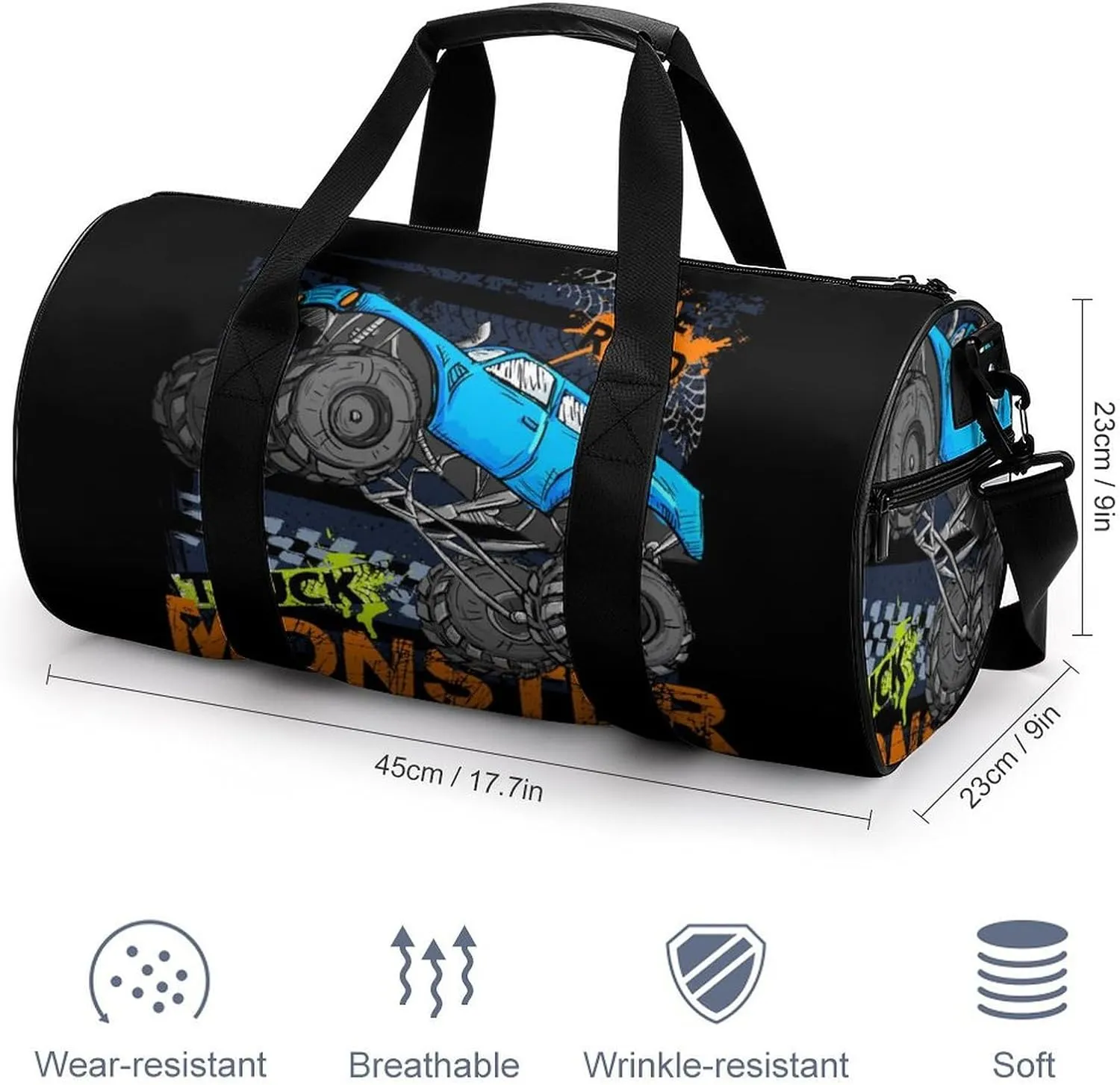 Monster Truck Cars Duffelbag Zipper Tote Bag Lightweight Duffelbag Picnic Bags Easy Carry Satchels Durable Handbag Sports Duffel Bags 17.7in/9in/9in