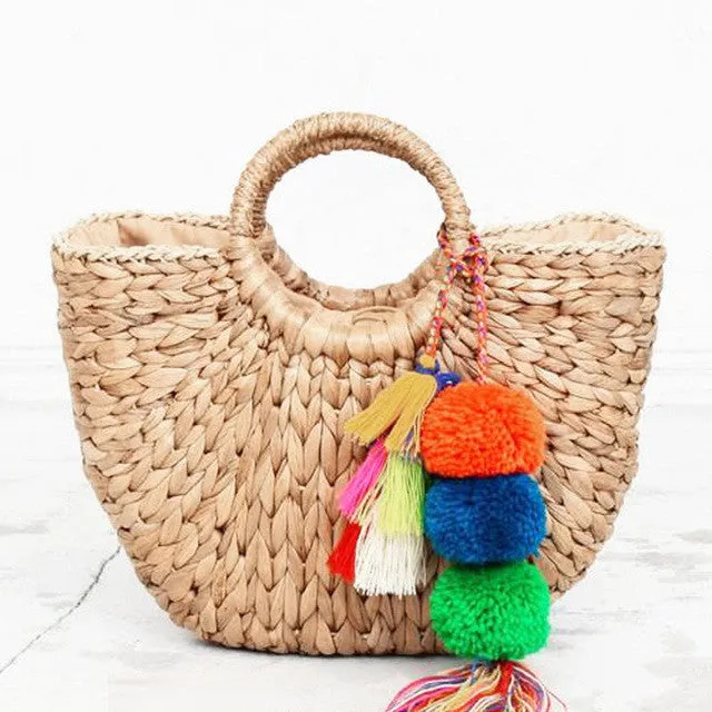 Moon 2017 Beach Handmade Beach Straw Christmas clearance Bag Bag Ladies Highly-rated Pompon Wrapped hot shaped Bag Women Weaving Bag