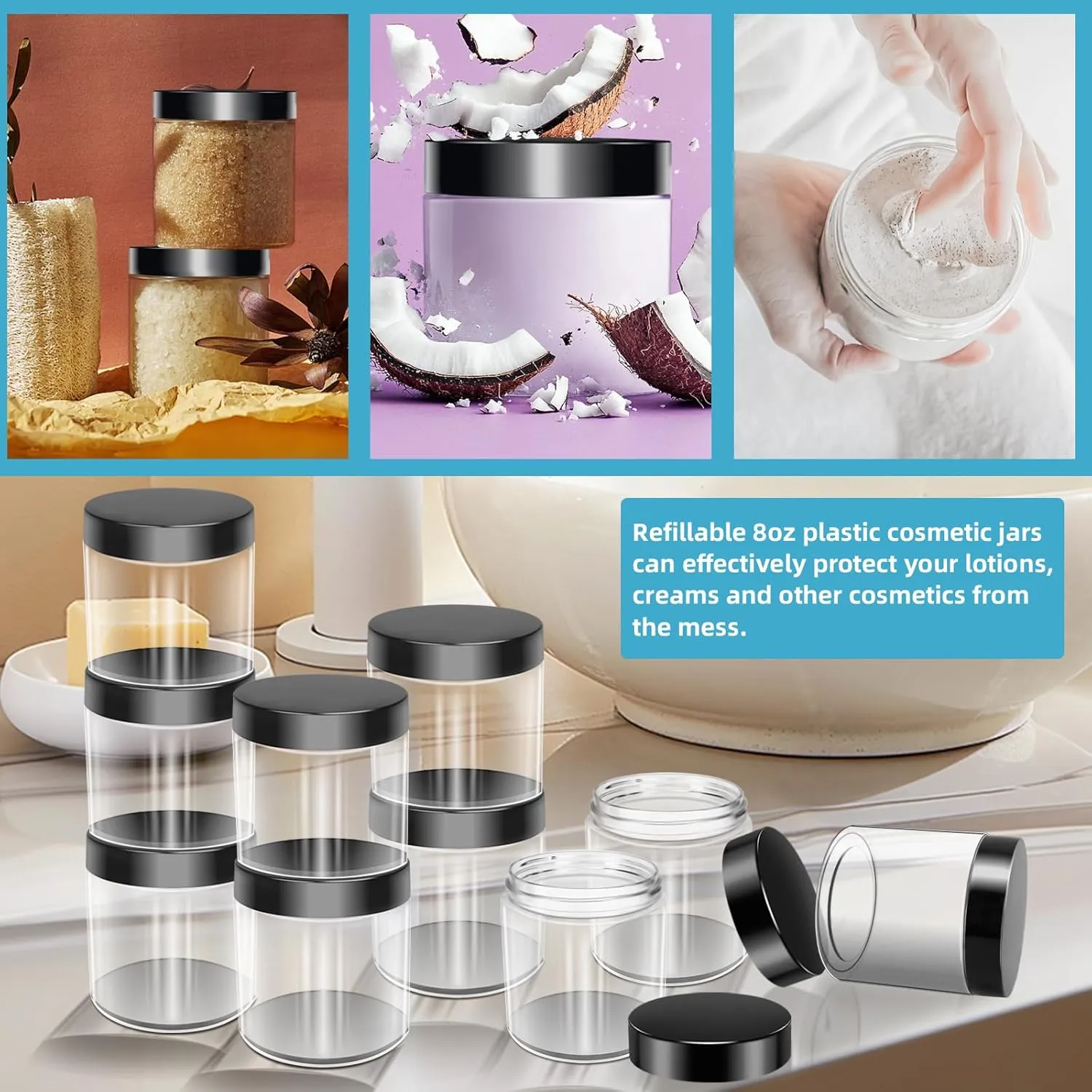 MotBach 10 Pack 8oz Plastic Jars with Lids, 240ml Round Clear Cosmetic Containers Makeup Jars,Travel Size Containers Jar for Lotion Cream Eyeshadow Sample Ointment Salve Balm Powder Travel Storage