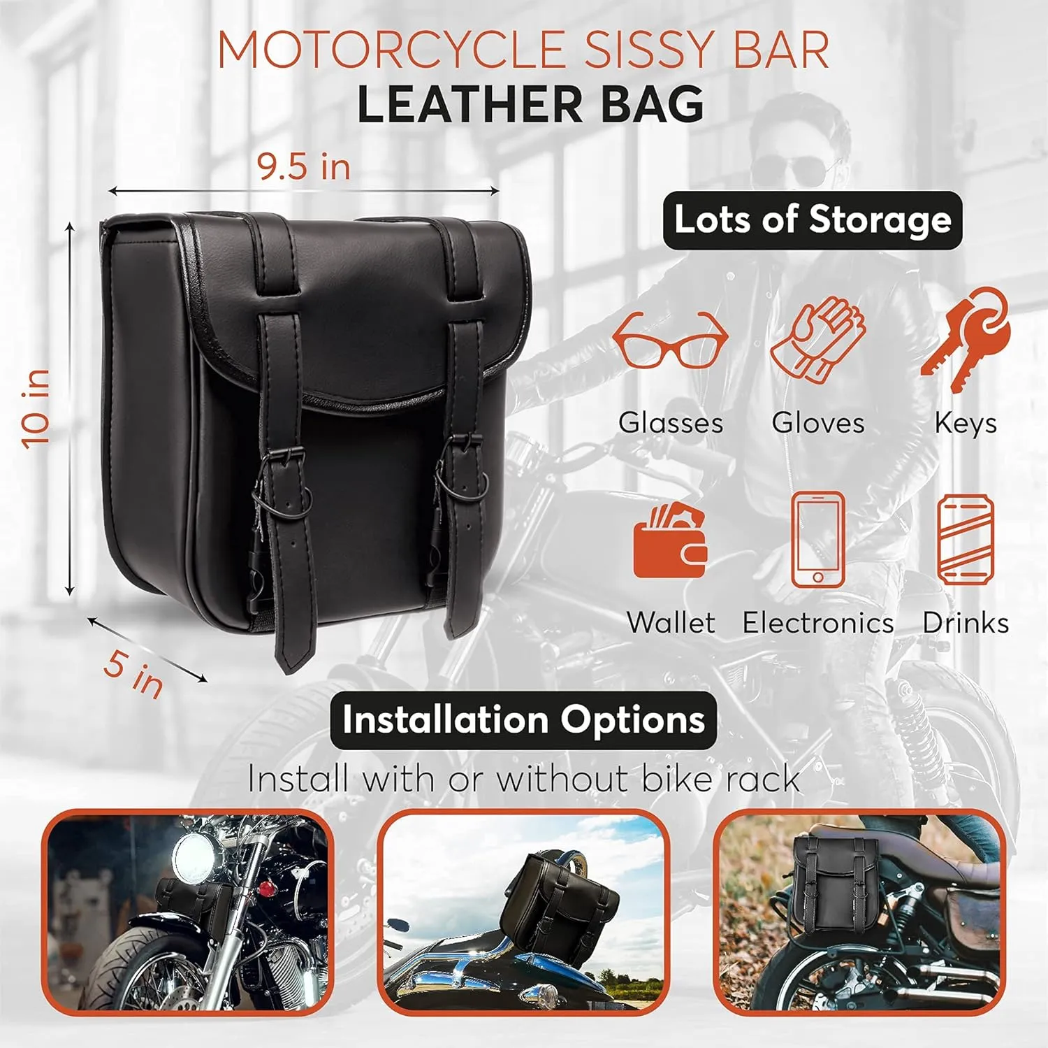 Motorcycle Sissy Bar Black Synthetic Leather Bag 3 Point Heavy Duty Mounts with Quick Release Front Buckles, Universal Fit for Sissy Bars or Forks