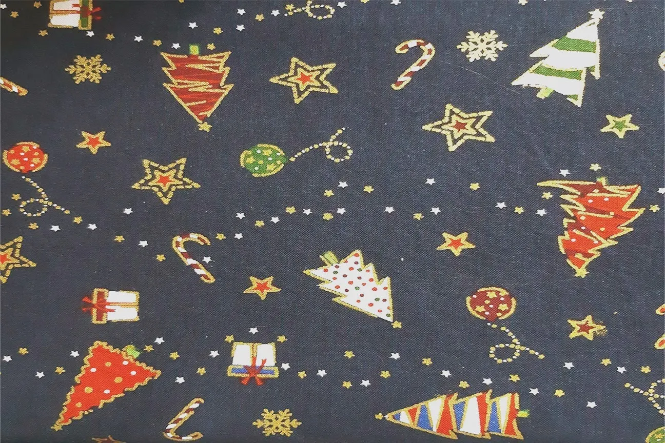 Multi Christmas Ornaments On Navy Patchwork / Craft Fabric