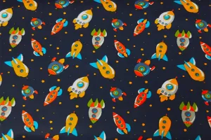 Multi Colored Spaceships On Dark Navy Patchwork / Craft Fabric