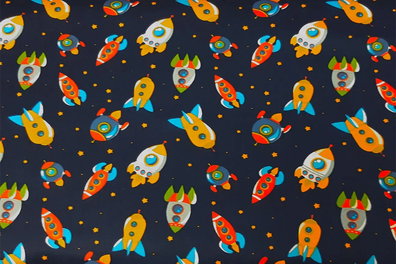 Multi Colored Spaceships On Dark Navy Patchwork / Craft Fabric