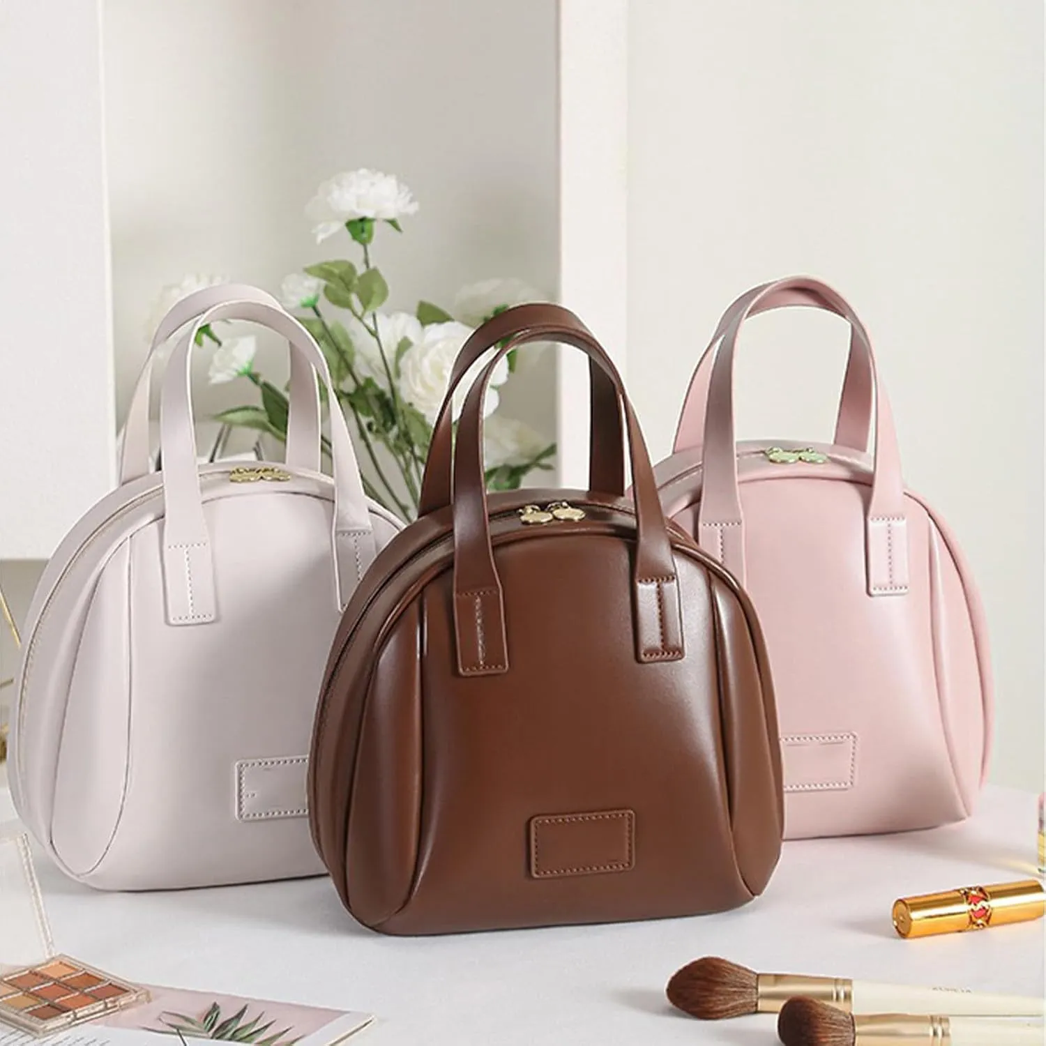 Multi-Layered Shell-Shaped Cosmetic Bag, 2025 Portable PU Leather Waterproof Handbag Style Cosmetic Pouch, Makeup Bag with Compartments (White)