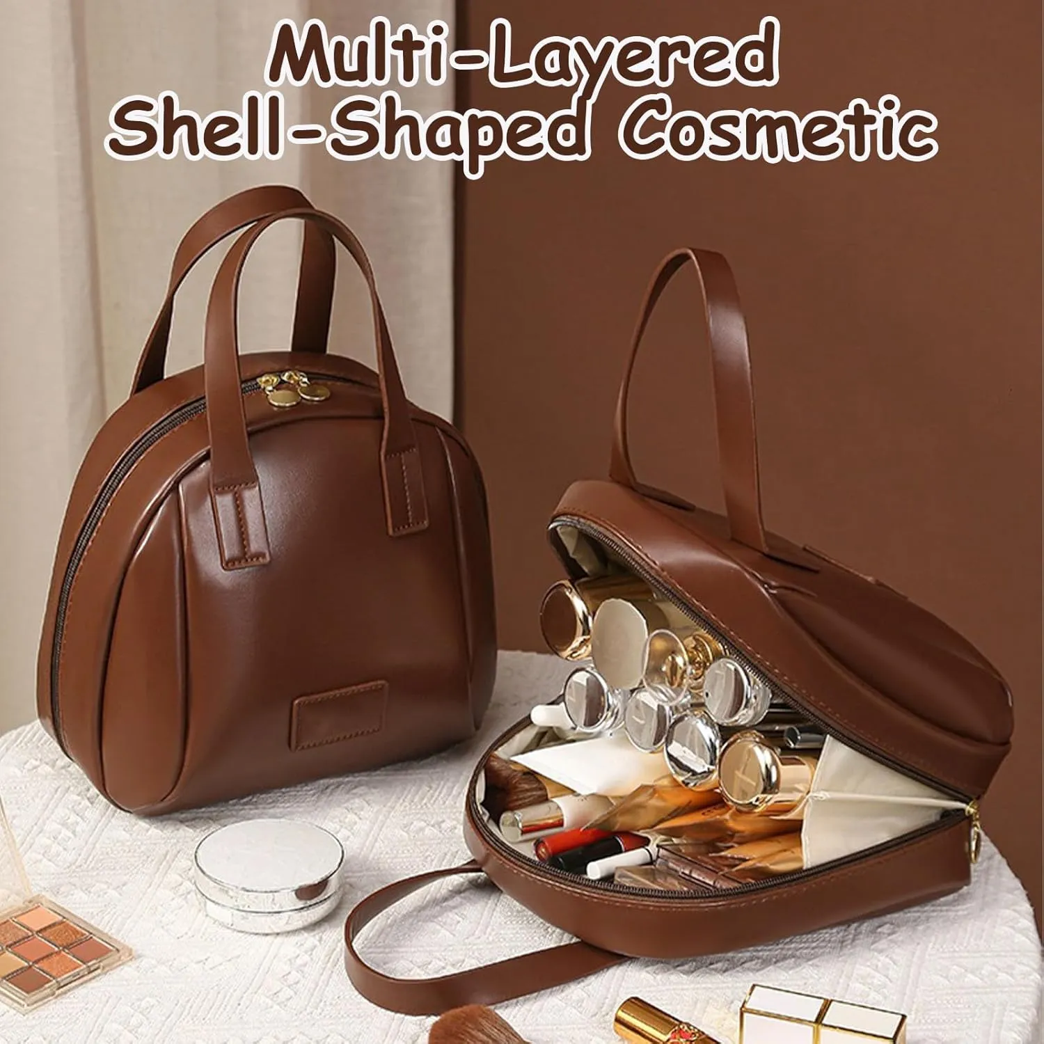 Multi-Layered Shell-Shaped Cosmetic Bag, 2025 Portable PU Leather Waterproof Handbag Style Cosmetic Pouch, Makeup Bag with Compartments (White)