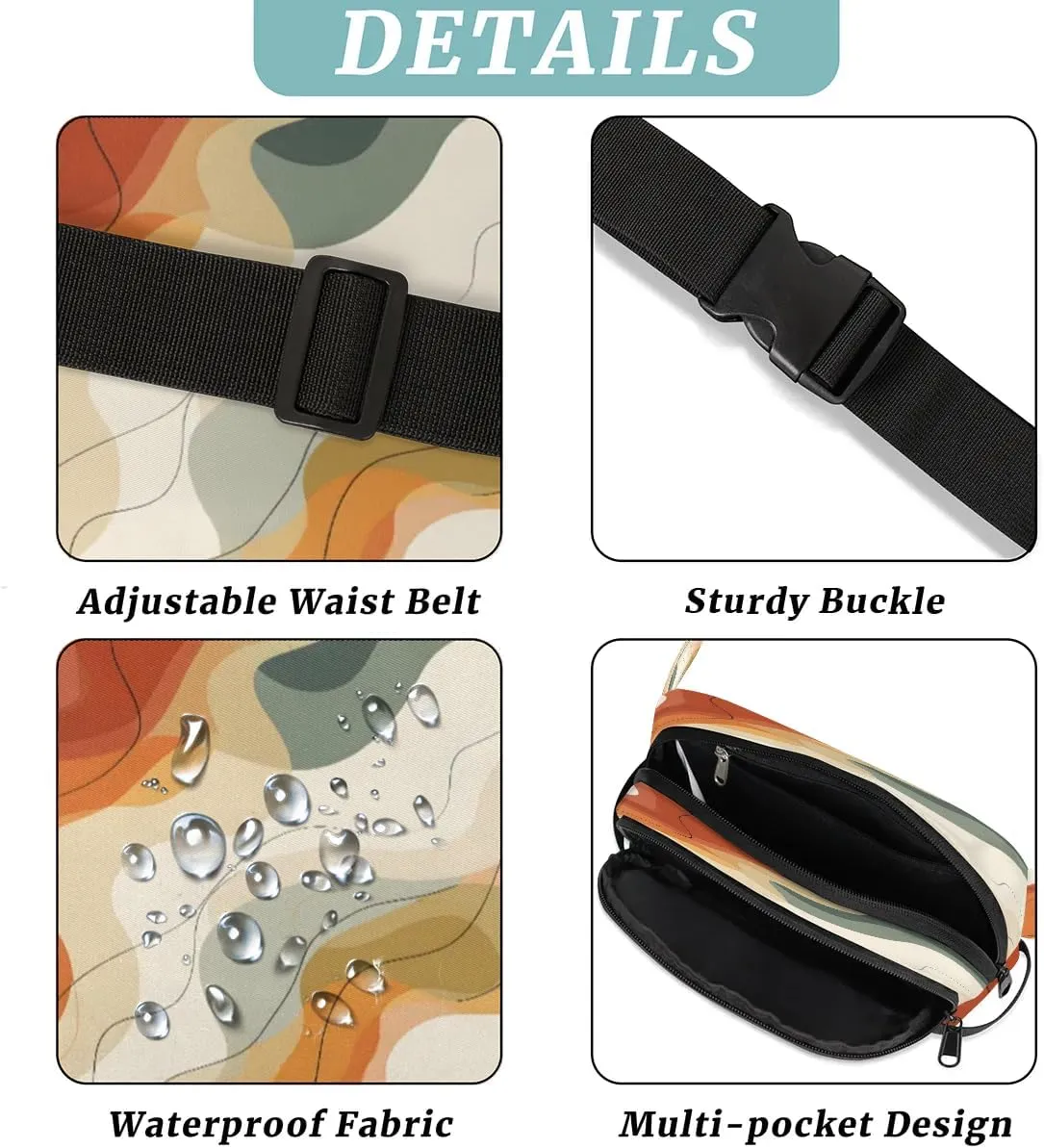 Multicolor Modern Patterns Fanny Packs for Women Men Waterproof Waist Bag with Adjustable Strap Belt Bag for Travel Running Hiking