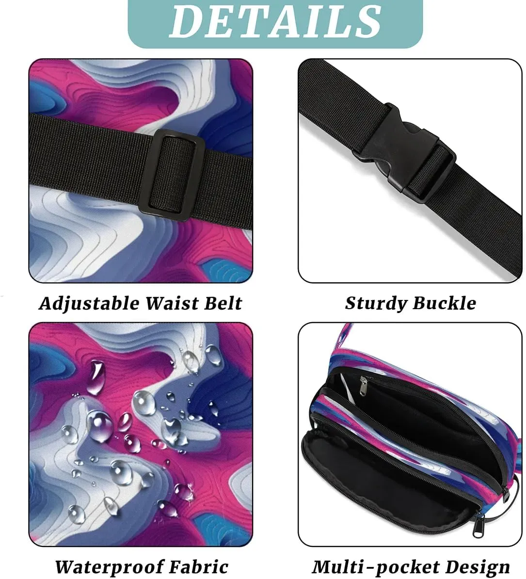 Multicolor Modern Printing Fanny Packs for Women Men Waterproof Waist Bag with Adjustable Strap Belt Bag for Travel Running Hiking