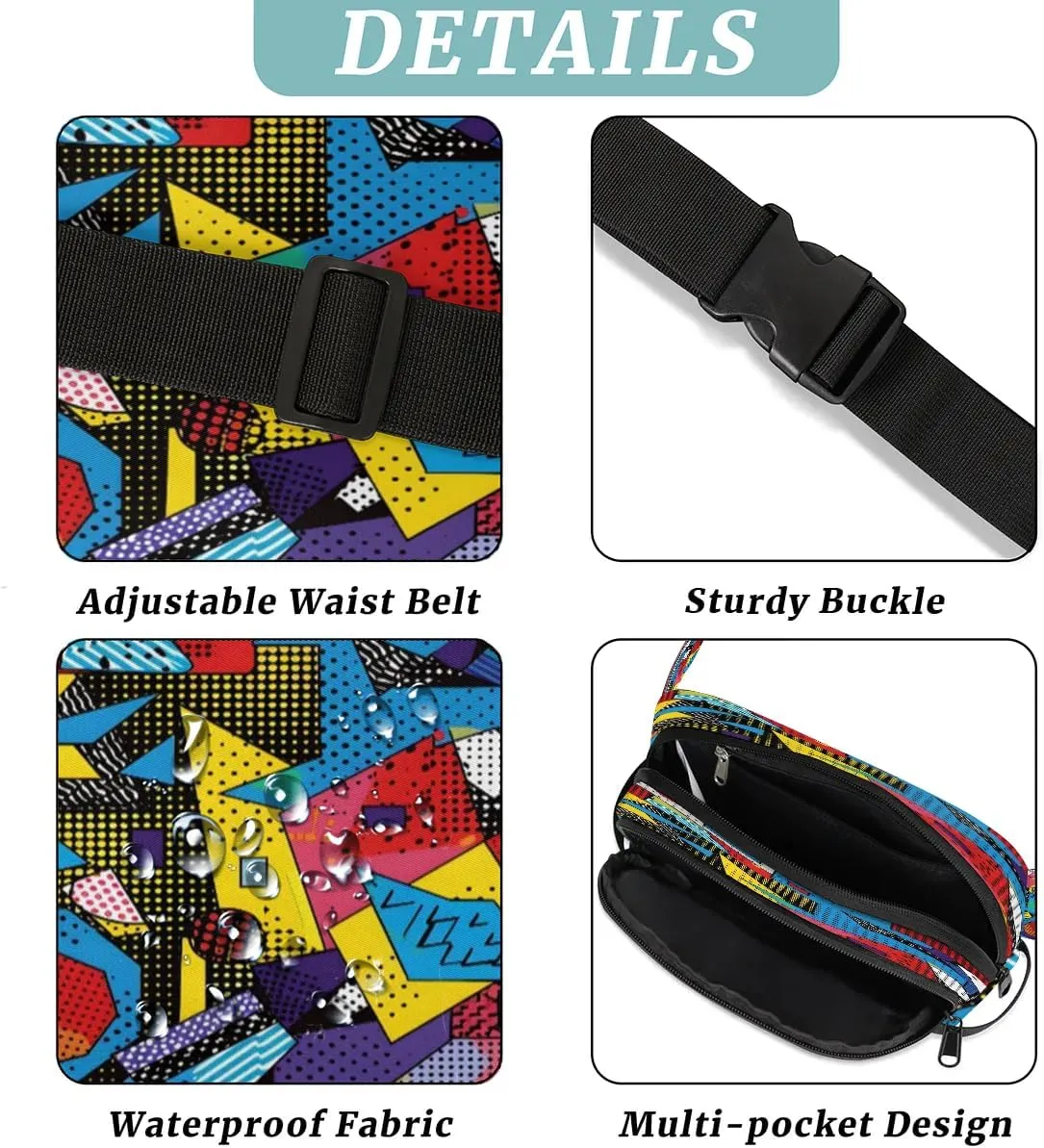 Multicolor Modern Printings Fanny Packs for Women Men Waterproof Waist Bag with Adjustable Strap Belt Bag for Travel Running Hiking