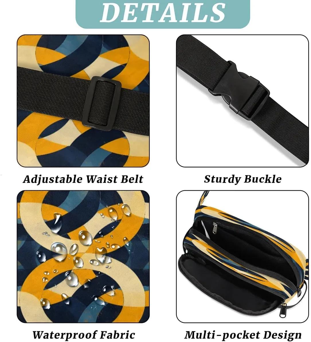 Multicolor Pattern Retro Fanny Packs for Women Men Waterproof Waist Bag with Adjustable Strap Belt Bag for Travel Running Hiking