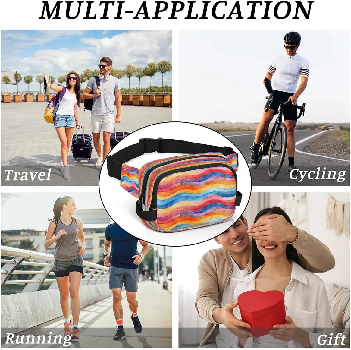 Multicolor Streak Pattern Fanny Packs for Women Men Waterproof Waist Bag with Adjustable Strap Belt Bag for Travel Running Hiking