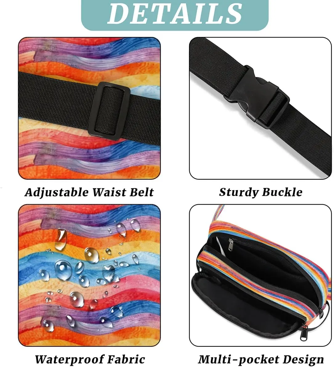 Multicolor Streak Pattern Fanny Packs for Women Men Waterproof Waist Bag with Adjustable Strap Belt Bag for Travel Running Hiking